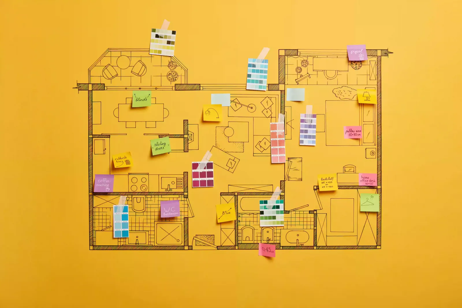 An architectural blueprint of a building where each floor is labelled as one item on a business tech checklist, website at the foundation