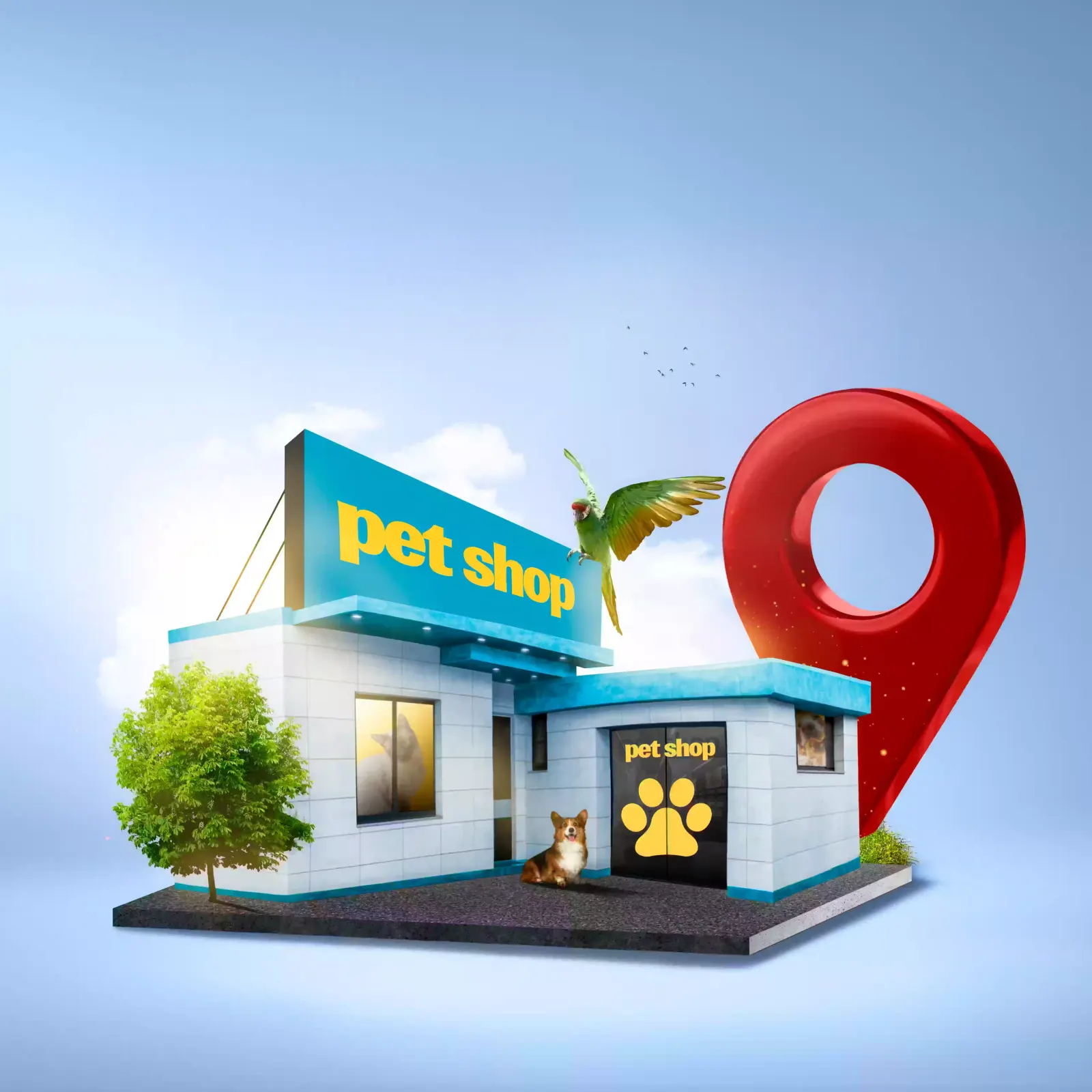 An architectural cross-section of a shop: an address sign on a building on a plot of land, with the stocked interior visible inside