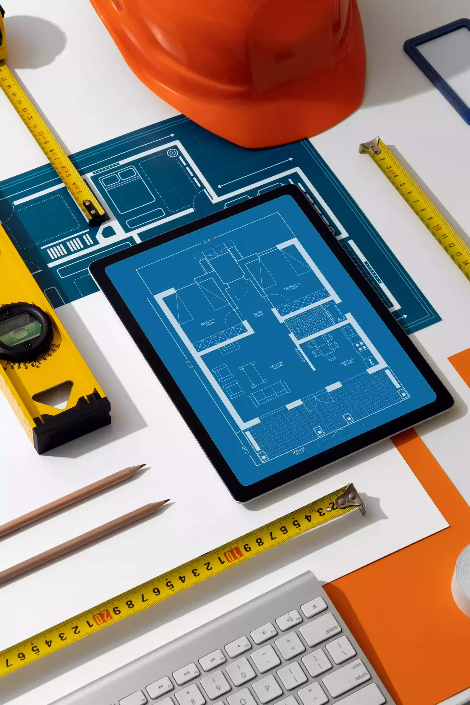 A shrink-wrapped boxed software product on one side and a tailored architectural blueprint on the other, split down the middle