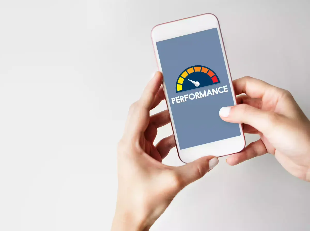 A phone showing a website performance and speed score